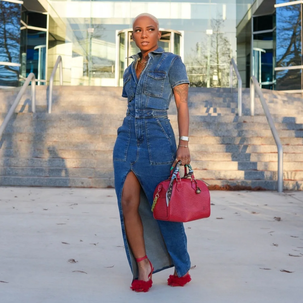 Good American Blue Denim Maxi Dress with Front Slit - Picture 1 of 4